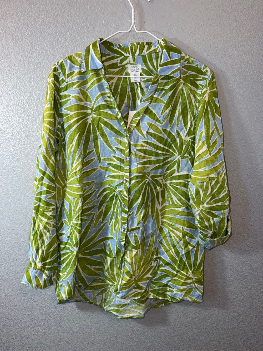 Blue and Green Palm-Print 100% Linen Button-Front Shirt